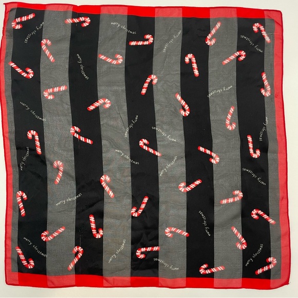 Accessories - Vintage Christmas Scarf Candy Canes Square Sheer Stripes Holiday Red Black